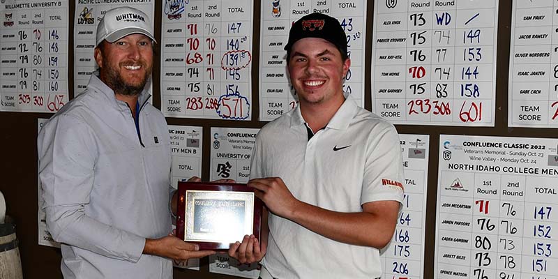 Jack McMullin, right, and Whitman Assistant Coach Bill Howard, left, hold the individual championship plaque from the 2022 Whitman Confluence Classic.
